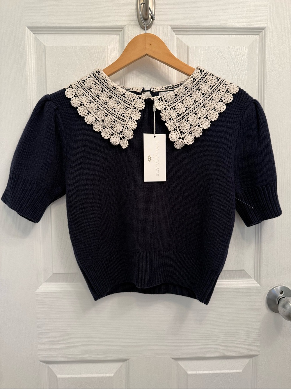 NWT Caroline Constas Lace Collar Wool Blend Short Sleeve Cropped Sweater Small - Picture 3 of 11